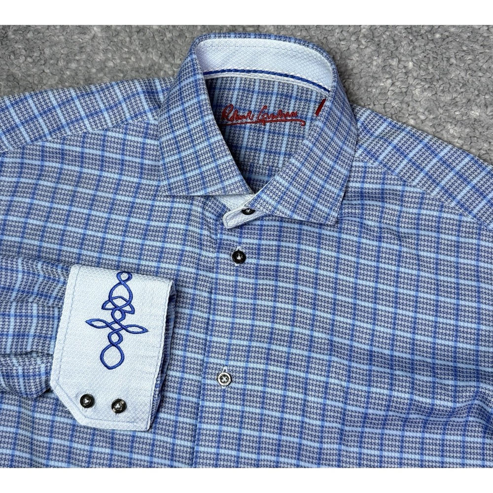Robert Graham Men's Small Shirt Blue Plaid Long Sleeve Embroidered Flip Cuff